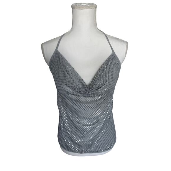 WeWoreWhat Crystal Cowl Neck Top XS Silver Mesh Sleeveless Party Rhinestones - Picture 2 of 8